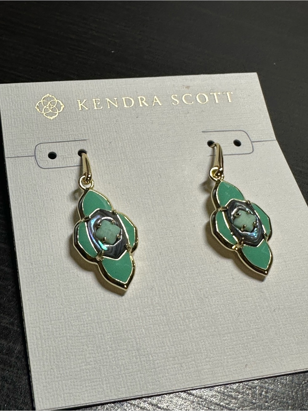 NWT Kendra Scott Abbie Medallion Gold Small Earrings Sea Green Retail is $85